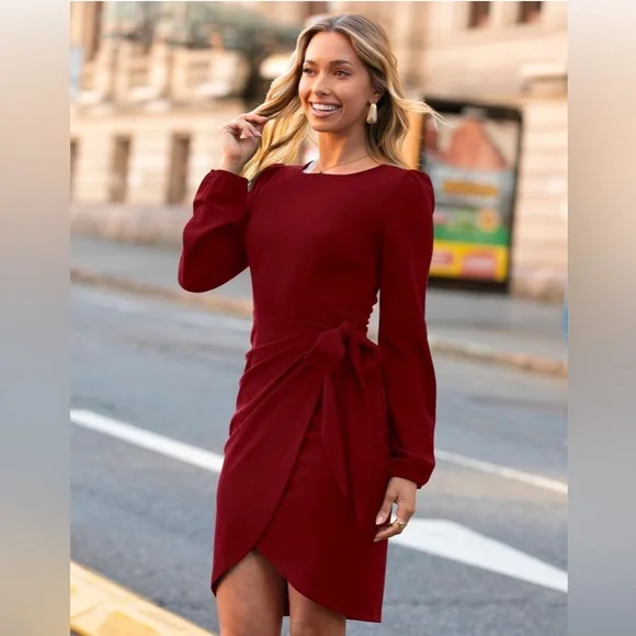Elegant Wine Red Long Sleeve Dress - Picture 2 of 3